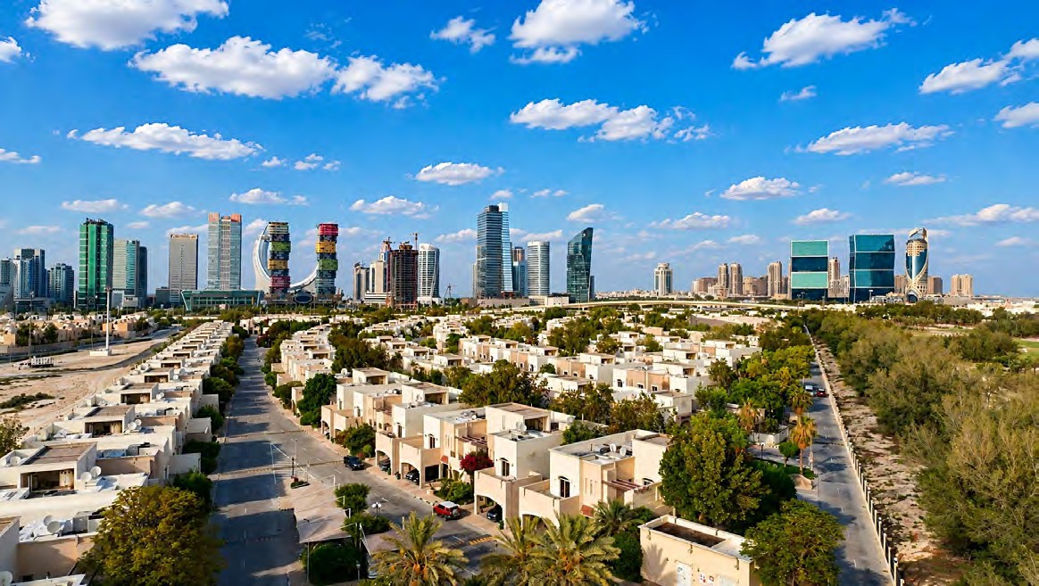 Aerial view of Al Egla Gardens villa community with the Doha skyline beyond